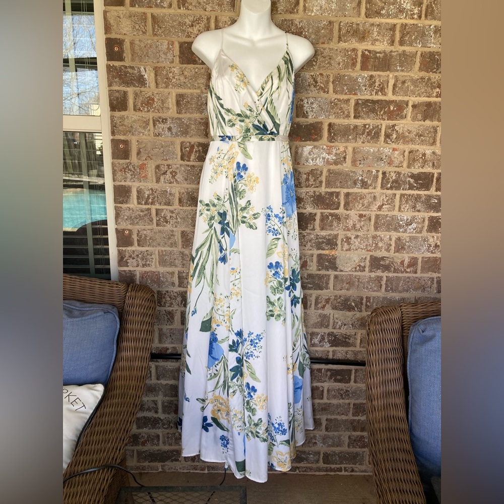 Lulu's White Floral Maxi Dress with Blue & Green Print